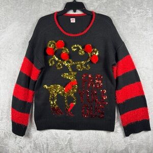 Womens Black Red Fab-Yule-Ous Sequin Reindeer Christmas Holiday Sweater Size Med